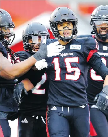  ?? LEAH HENNEL ?? Eric Rogers celebrates one of three touchdowns in last week’s 22-14 win over the Winnipeg Blue Bombers.