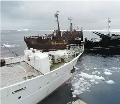  ?? AFP / GETTY IMAGES ?? Japanese whaling ship Kaiko Maru, left, and the Farley Mowat protest boat, centre, in Antarctic waters in 2007.