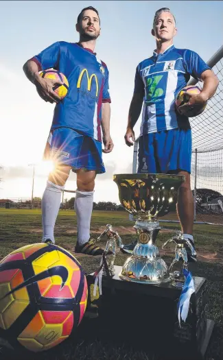  ?? FACING OFF: Captains Theo Nicopoulos ( MA Olympic) and Antony Hall ( Brothers) ahead of tonight’s NQ Football premier league grand final. Picture: SCOTT RADFORD- CHISHOLM ??