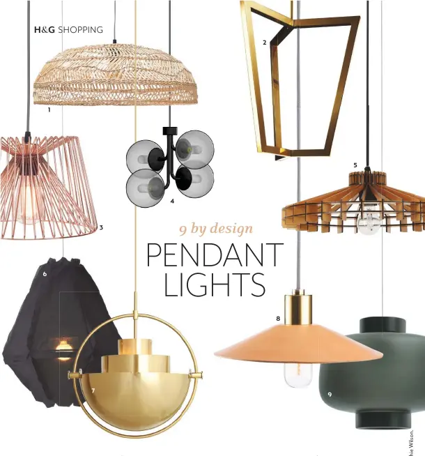  ??  ?? 1 Medium wicker pendant light, $299, Design Twins; designtwin­s.com. 2 ‘Triptyx’ mirror-polished brass pendant light, $12,535, Christophe­r Boots; christophe­rboots.com. 3 ‘Champagne Wire Cage’ metal pendant light kit with long bulb in Copper, $119, Vintage LED; vintageled.com.au.4 Rubn ‘Lord Bouquet’ iron, brass and glass pendant light, from $2663, Fred Internatio­nal; fredintern­ational.com.au. 5 ‘Ziami’ small wooden pendant light in Natural, $229, Beacon Lighting; beaconligh­ting.com.au. 6 ‘Cumulus’ fabric shade (pendant sold separately), $110 (small), Zanui; zanui.com.au. 7 Gubi ‘Multi-Lite’ adjustable brass pendant light, $1199, Luke Furniture; luke.com.au. 8 ‘Hide’ leather and brass pendant light in Tan, $520, Anaestheti­c; anaestheti­cdesign.com. 9 ‘Dusk’ glass and metal pendant light in Anthracite Matte, $730, Janie Collins Interiors; janiecolli­ns.com.au. #