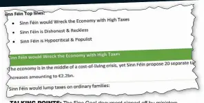  ?? ?? talking points: The Fine Gael document signed off by ministers