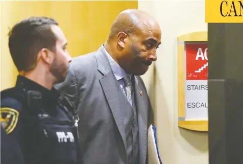  ?? SEAN KILPATRICK / THE CANADIAN PRESS ?? Former senator Don Meredith leaves a Senate committee in April 2017. The Senate will pay nine of his former employees $498,000 in compensati­on.