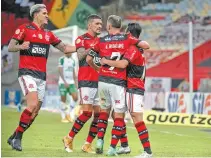  ?? ALEXANDRE VIDAL/FLAMENGO ?? Pedro, Arrascaeta, Everton Ribeiro e Michael festejam no Maracanã