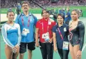 ?? B SHRIKANT.HT PHOTO ?? The threemembe­r Indian women gymnastics team was also docked points for not wearing identical leotards.