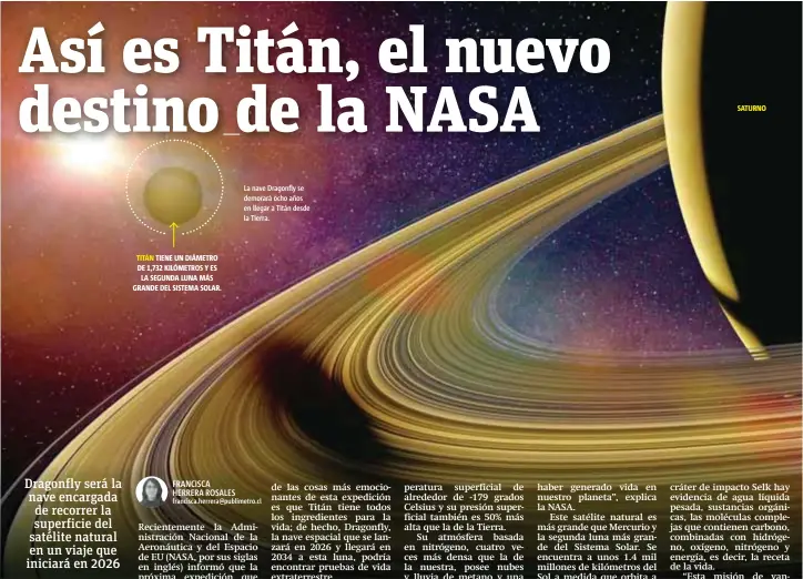  ??  ?? La nave Dragonfly se demorará ocho años en llegar a Titán desde la Tierra. TITÁN TIENE UN DIÁMETRO DE 1,732 KILÓMETROS Y ES LA SEGUNDA LUNA MÁS GRANDE DEL SISTEMA SOLAR. SATURNO