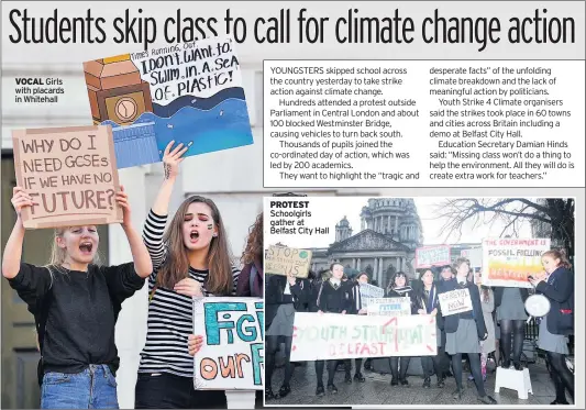  ??  ?? VOCAL Girls with placards in Whitehall PROTEST Schoolgirl­s gather at Belfast City Hall