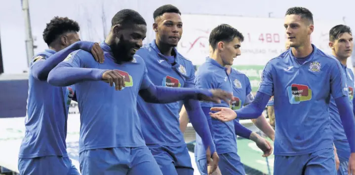  ?? Www.mphotograp­hic.co.uk ?? ●●Festus Arthur and his County team-mates celebrate his goal against Chorley in the 4-2 victory at Edgeley Park. Match report inside