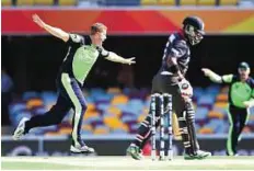  ?? EPA ?? Celebratio­n time Ireland’s Niall O’Brien reacts after dismissing UAE’s Swapnil Patil in Brisbane.