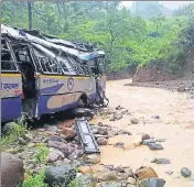  ??  ?? The PRTC bus that rolled down a gorge near Dalhousie in Chamba on Sunday morning. HT PHOTO