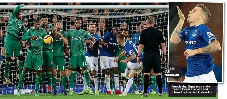  ?? PICTURES: IAN HODGSON ?? French kiss: Digne arcs a late free-kick over the wall and (above) celebrates his leveller