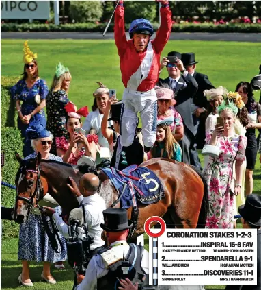  ?? GETTY IMAGES ?? Lift-off: Frankie Dettori does his trademark dismount after victory on Inspiral