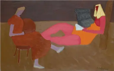  ??  ?? Milton Avery (1885-1965), Porch Sitters. Oil on canvas, 26 x 42 in., signed and dated lower right: ‘Milton Avery’, ‘1952’; signed and dated again and titled verso: ‘Porch Sitters’. Estimate: $2/3 million