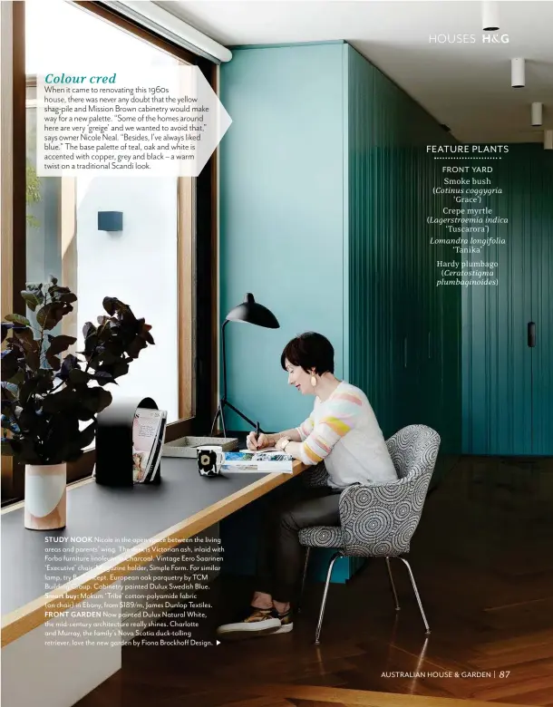  ??  ?? STUDY NOOK Nicole in the open space between the living areas and parents’ wing. The desk is Victorian ash, inlaid with Forbo furniture linoleum in Charcoal. Vintage Eero Saarinen ‘Executive’ chair. Magazine holder, Simple Form. For similar lamp, try...