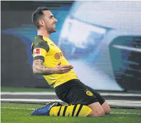  ??  ?? Dortmund’s Paco Alcacer celebrates after scoring a goal.