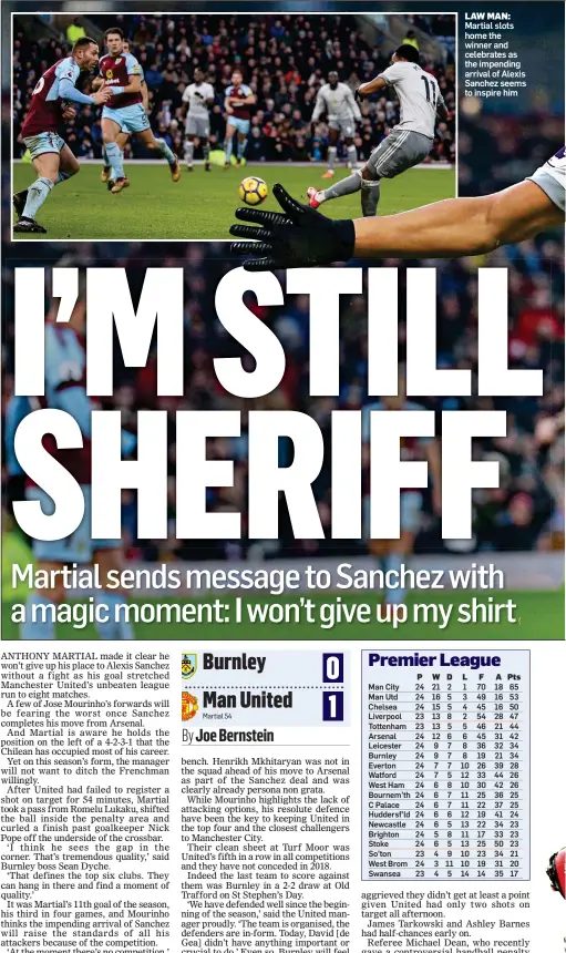  ??  ?? LAW MAN: Martial slots home the winner and celebrates as the impending arrival of Alexis Sanchez seems to inspire him