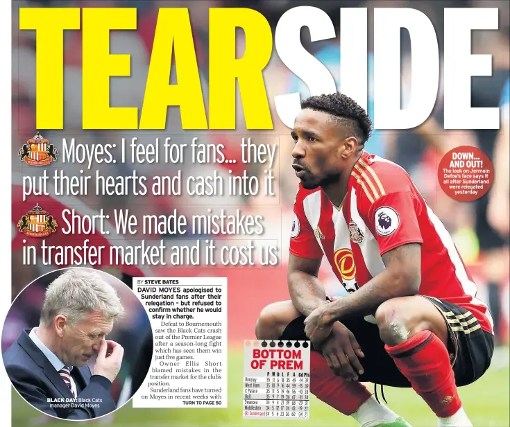  ??  ?? BLACK DAY: Black Cats manager David Moyes DOWN... AND OUT! The look on Jermain Defoe’s face says it all after Sunderland were relegated yesterday