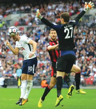  ??  ?? Tottenham’s Harry Kane, centre, makes an attempt on goal during the Premier League match against Bournemout­h on Saturday Photo: AP