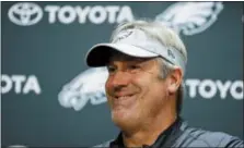  ?? MATT SLOCUM — THE ASSOCIATED PRESS ?? Eagles coach Doug Pederson is all smiles as he addresses the media during a news conference Wednesday at the team’s practice facility. Pederson was left alone to deal with the aftermath of the cancellati­on of the team’s visit to the White House.