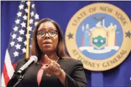  ?? Associated Press ?? New York state Attorney General Letitia James takes a question at a news conference in New York in August.