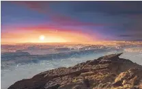  ?? EUROPEAN SOUTHERN OBSERVATOR­Y ?? An artist’s rendering shows the surface of newly discovered planet Proxima b orbiting its star, Proxima Centauri. A future space probe could potentiall­y reach it in a 20-year trip.