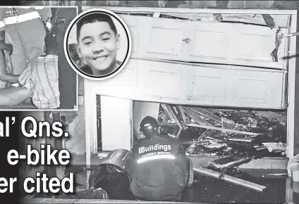  ??  ?? AWFUL: A city investigat­or eyes an allegedly illegal undergroun­d-garage apartment — and stunned mourners wail in grief (inset) — Wednesday in Queens, where 9-year-old Remi Miguel Gomez Hernandez (inset top) died in a fire the FDNY said started when a e-bike charger burst into flames.