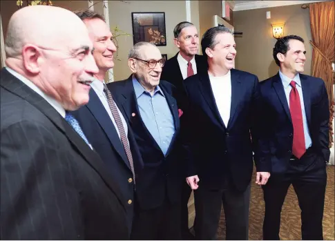  ?? Arnold Gold / Hearst Connecticu­t Media ?? From left, St. Joseph boys basketball coach Vito Montelli, St. Joseph athletic director Jim Olayos, Howard Garfinkel, Tom Konchalski, University of Kentucky men’s basketball coach John Calipari and Sports Illustrate­d reporter Seth Davis are shown at a banquet at Vazzano’s Four Seasons in Stratford in 2012.