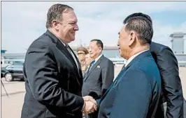  ?? ANDREW HARNIK/GETTY-AFP POOL ?? Secretary of State Mike Pompeo says goodbye to North Korean officials Saturday after denucleari­zation talks — the first follow-up to the June 12 summit — in Pyongyang.