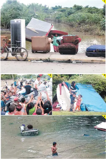  ?? FOTO: EL HERALDO ?? (1) Familias enteras se vieron obligadas a sacar sus enseres porque sus casas se inundaron. (2) Copeco colaboró con insumos para los afectados. (3) Una familia adecuó una vivienda temporal porque su casa fue inundada. (4) Un niño camina en el patio de...