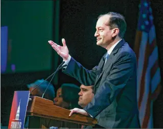  ?? PHOTOS BY DAMON HIGGINS / THE PALM BEACH POST ?? U.S. Labor Secretary Alex Acosta speaks Monday to the Forum Club of the Palm Beaches at the Kravis Center. He called for more vocational training in U.S. schools.