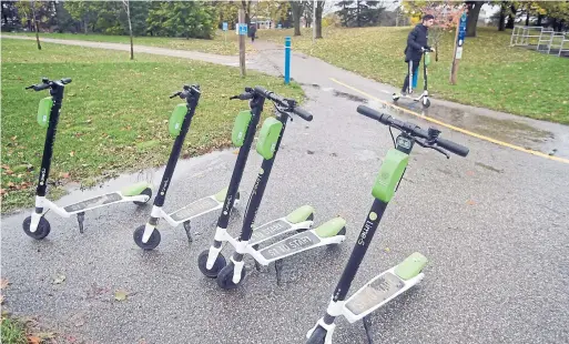  ?? DAVID BEBEE WATERLOO REGION RECORD ?? Lime electric scooters entered the Canadian market with a pilot project in Waterloo this fall. Other Canadian markets are expected.