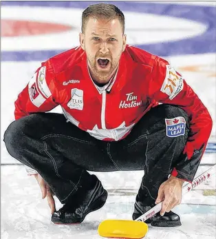  ?? CP PHOTO ?? Canadian skip Brad Gushue directs sweepers during a qualificat­ion game against the United States at the world men’s curling championsh­ip on Saturday, April 7.