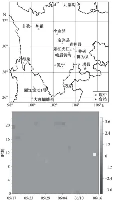  ?? ?? 图 10
Fig. 10宜宾长宁 Ms 6.0 级地震前 SRSS 台站分布和九寨沟台站 PCA 分析结果Distri­bution of SRSS stations and PCA analysis results before Changning Ms 6.0 earthquake in Yibin and PCA anomaly in Jiuzhaigou Station