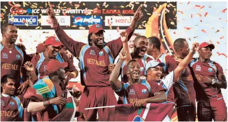  ?? AP ?? Caribbean night: West Indies cricketer Chris Gayle dances with his teammates to celebrate their win over Sri Lanka in the ICC World Twenty20 final in Colombo, Sri Lanka.