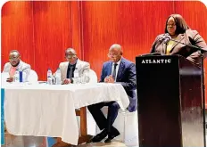  ?? Photo: Contribute­d ?? Provide input… Trade minister Lucia Iipumbu (standing) and top officials during ongoing consultati­ons in the Erongo region.