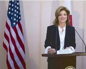  ??  ?? Caroline Kennedy delivers her first statement as US Ambassador to Japan.