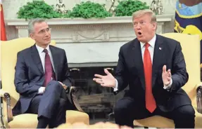  ?? EVAN VUCCI/AP ?? President Donald Trump hosts NATO Secretary General Jens Stoltenber­g to mark the 70th anniversar­y of the internatio­nal alliance.