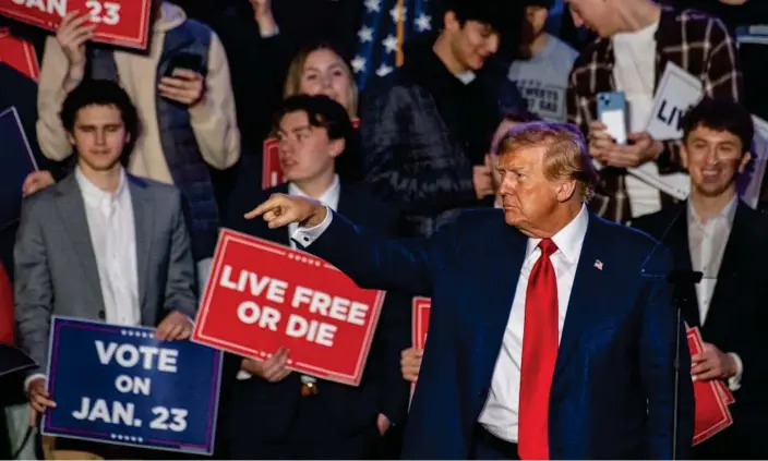  ?? ?? Donald Trump at a campaign rally at the University of New Hampshire's Whittemore center arena in Durham, New Hampshire, on Saturday. Photograph: Joseph Prezioso/AFP/Getty Images