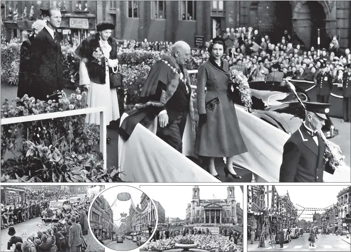 ??  ?? COUNTY’S PRIDE : Main picture, the Queen’s visit to Morley in October 1954; above, from left, October 28, 1954, crowds waving Union Flags line the route for the visit of the Queen and the Duke of Edinburgh. They came to Morley travelling along Britannia Road, then Bridge Street, to the Town Hall. They later moved on to Gildersome, Drighlingt­on and Bradford; Coronation celebratio­ns in 1953 Looking down Albion Street to Boar Lane, Leeds; Leeds Civic Hall and gardens decorated; Harrogate Coronation Celebratio­ns 29 May 1953.
