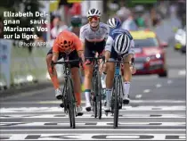  ?? (Photo AFP) ?? Elizabeth Deignan saute Marianne Vos sur la ligne. ligne par la Britanniqu­e Lizzie Deignan, qui devient au passage numéro  du classement World Tour. La Néerlandai­se Demi Vollering complète ce podium. analysait Deignan après sa victoire.