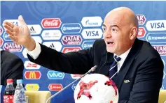  ??  ?? FIFA President Gianni Infantino gestures during the FIFA/LOC closing press conference of the 2017 FIFA Confederat­ions Cup at Krestovsky Stadium in Saint Petersburg on July 1, 2017. - AFP photo
