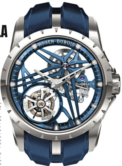  ??  ?? Il nuovo Excalibur Tourbillon Volante Singolo riprende l’iconico blu di Roger Dubuis ed è realizzato in soli 88 esemplari (149.500 €)