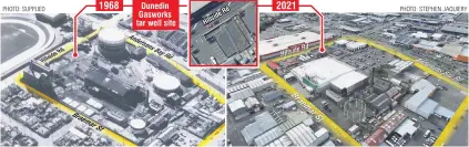  ?? IMAGE: ODT GRAPHICS ?? Then and now . . . Past (left) and present aerial photograph­s show the location of a undergroun­d tar well containing toxic material stored in Hillside Rd.