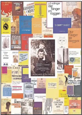  ?? REPRO: HELLING ?? Jerome D. Salinger mit seinem Sohn umrahmt von einer Collage aus Buchdeckel­n der vielen Übersetzun­gen von „Der Fänger im Roggen“.