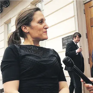  ?? ALEX PANETTA / THE CANADIAN PRESS ?? Foreign Affairs Minister Chrystia Freeland said that despite lack of a deal, there have been advances made this week in NAFTA negotiatio­ns, especially on automobile­s.