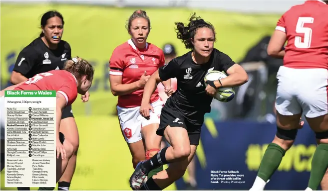  ?? Photo / Photosport ?? Black Ferns fullback Ruby Tui provides more of a threat with ball in hand.