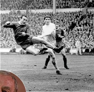  ??  ?? Wembley wonder: St John scores a header in extra time against Leeds in 1965 to win Liverpool’s first FA Cup and (inset) in 2018