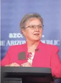  ??  ?? Diane Douglas, who is running for re-election for state superinten­dent of public instructio­n, speaks during a debate at azcentral.com on Aug. 1.