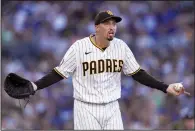  ?? (AP/Gregory Bull) ?? Then-San Diego Padres starting pitcher Blake Snell reacts after being called for a balk Aug. 5, 2023, during the fourth inning of a game against the Los Angeles Dodgers in San Diego. Despite winning the National League Cy Young award last season, Snell, 31, signed just a two-year deal with the San Francisco Giants late Monday.