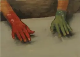  ??  ?? Michaël Borremans, Red hand, green
hand (2), 2010. © zeno x gallery/ Peter Cox