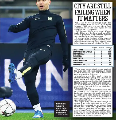  ?? GETTY IMAGES ?? Key man: Aguero must help City to the next level